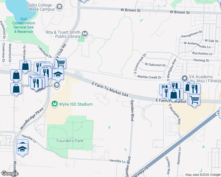 map of restaurants, bars, coffee shops, grocery stores, and more near 2007 Farm to Market Road 544 in Wylie