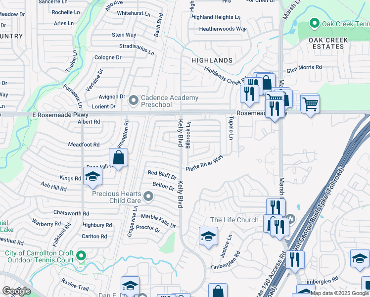 map of restaurants, bars, coffee shops, grocery stores, and more near 18811 Bilbrook Lane in Dallas