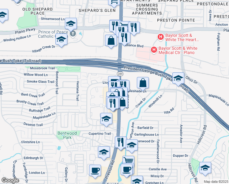 map of restaurants, bars, coffee shops, grocery stores, and more near 19177 Preston Road in Dallas