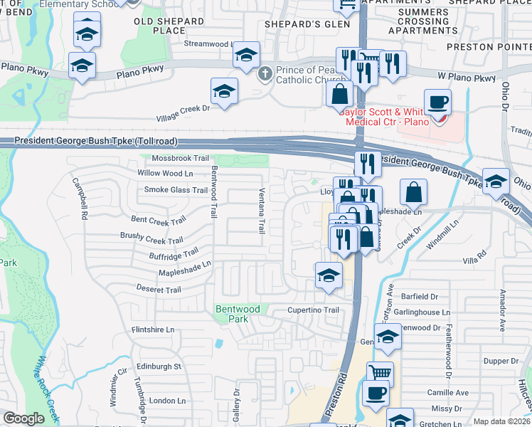 map of restaurants, bars, coffee shops, grocery stores, and more near 5516 Ventana Trail in Dallas