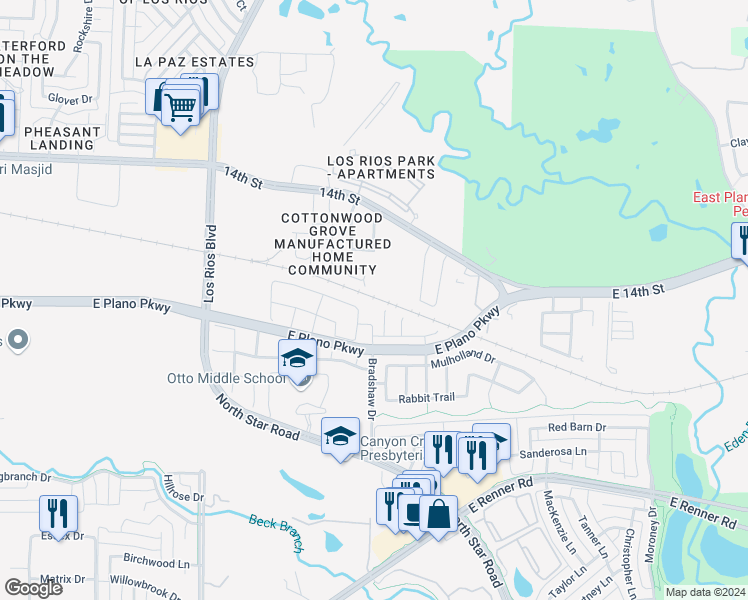 map of restaurants, bars, coffee shops, grocery stores, and more near Brookville Crossing in Plano