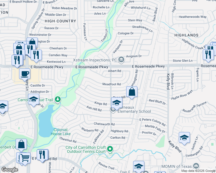 map of restaurants, bars, coffee shops, grocery stores, and more near 3400 Furneaux Lane in Carrollton