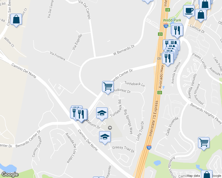 map of restaurants, bars, coffee shops, grocery stores, and more near Cloudcrest Dr & Rimstone Ln in San Diego