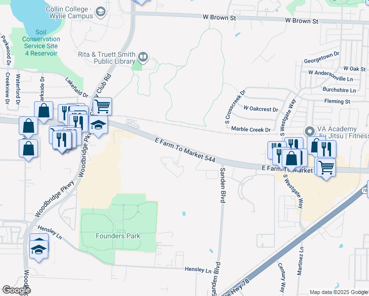 map of restaurants, bars, coffee shops, grocery stores, and more near 2015 Farm to Market Road 544 in Wylie
