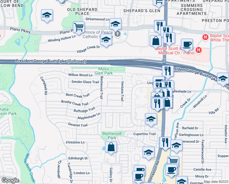 map of restaurants, bars, coffee shops, grocery stores, and more near 6059 Breakpoint Trail in Dallas