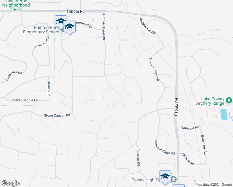 map of restaurants, bars, coffee shops, grocery stores, and more near 16224 Orchard Bend Road in Poway