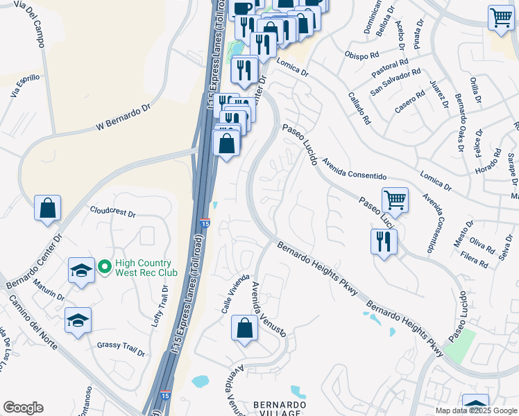 map of restaurants, bars, coffee shops, grocery stores, and more near 16280 Avenida Venusto in San Diego