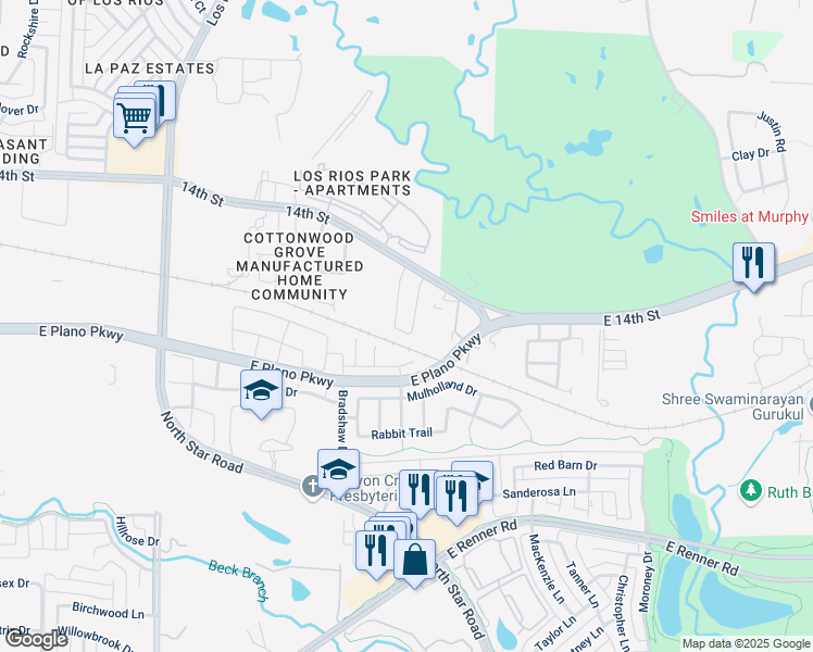 map of restaurants, bars, coffee shops, grocery stores, and more near 1201 Bravura Drive in Plano