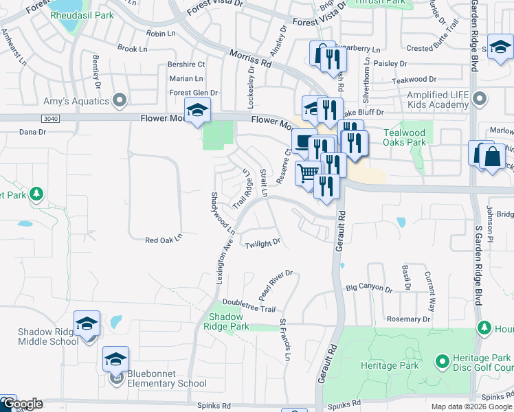 map of restaurants, bars, coffee shops, grocery stores, and more near 1716 Shadywood Court in Flower Mound