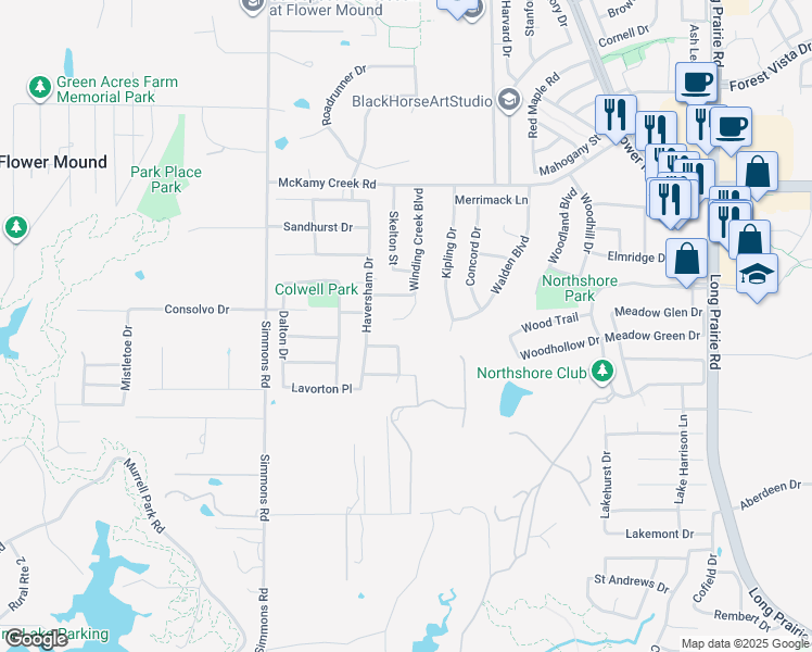 map of restaurants, bars, coffee shops, grocery stores, and more near 1808 Winding Creek Blvd in Flower Mound