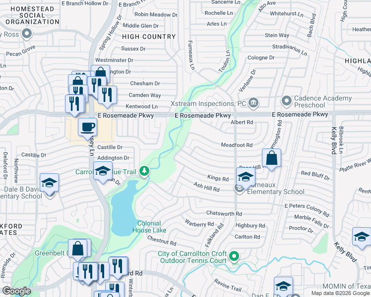 map of restaurants, bars, coffee shops, grocery stores, and more near 2001 Rose Hill Road in Carrollton