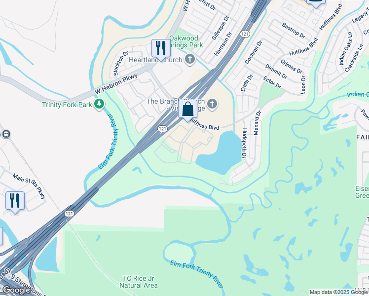 map of restaurants, bars, coffee shops, grocery stores, and more near 3620 Huffines Boulevard in Carrollton