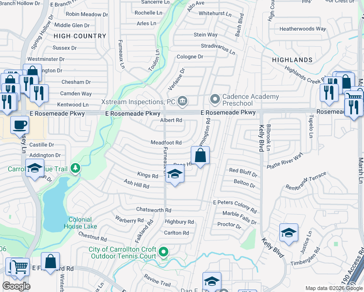 map of restaurants, bars, coffee shops, grocery stores, and more near 2112 Meadfoot Road in Carrollton