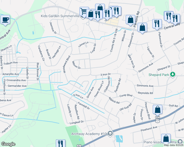 map of restaurants, bars, coffee shops, grocery stores, and more near 100 3 Iron Drive in Summerville
