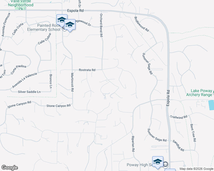 map of restaurants, bars, coffee shops, grocery stores, and more near 16308 Orchard Bend Road in Poway