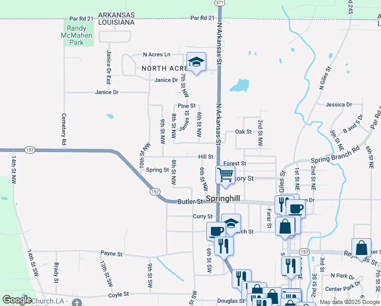 map of restaurants, bars, coffee shops, grocery stores, and more near 604 Hill Street in Springhill