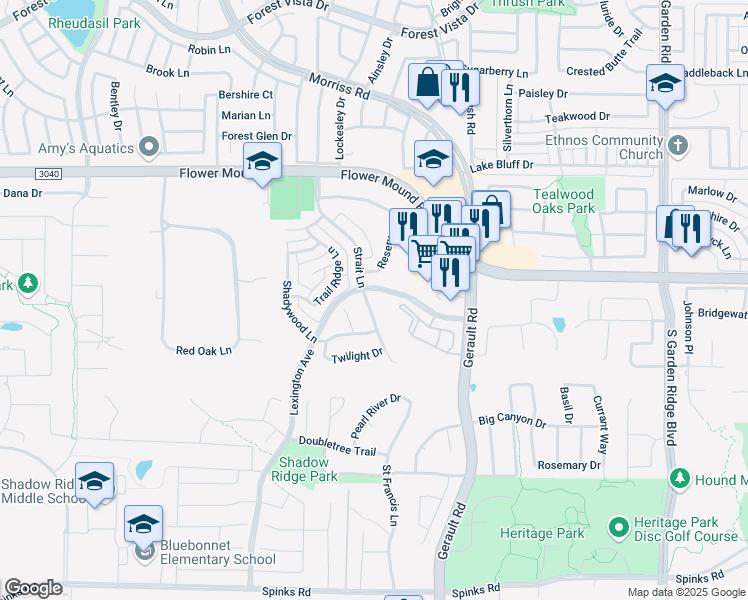 map of restaurants, bars, coffee shops, grocery stores, and more near 1712 Strait Lane in Flower Mound
