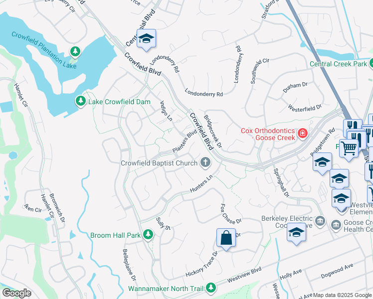 map of restaurants, bars, coffee shops, grocery stores, and more near 101 Church Place in Goose Creek