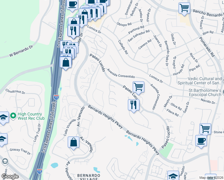 map of restaurants, bars, coffee shops, grocery stores, and more near 12114 Putting Green Row in San Diego
