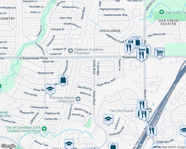 map of restaurants, bars, coffee shops, grocery stores, and more near 18811 Bilbrook Lane in Dallas