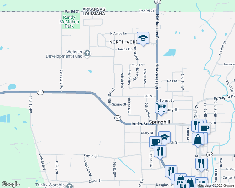 map of restaurants, bars, coffee shops, grocery stores, and more near 810 Hill Street in Springhill