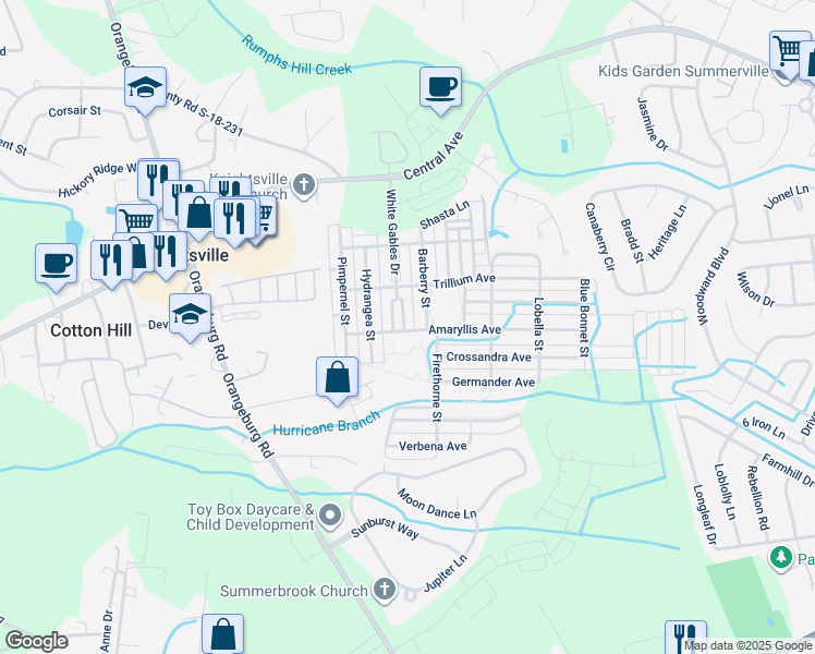 map of restaurants, bars, coffee shops, grocery stores, and more near 325 White Gables Drive in Summerville