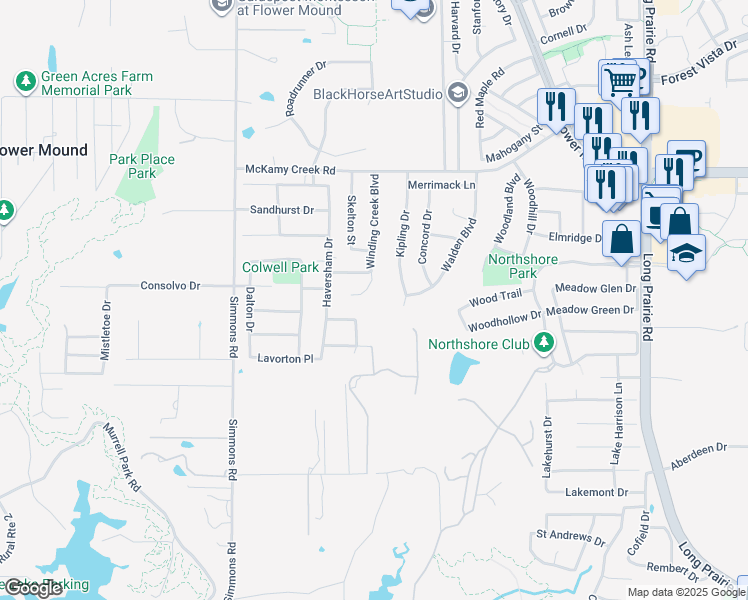 map of restaurants, bars, coffee shops, grocery stores, and more near 1808 Winding Creek Boulevard in Flower Mound