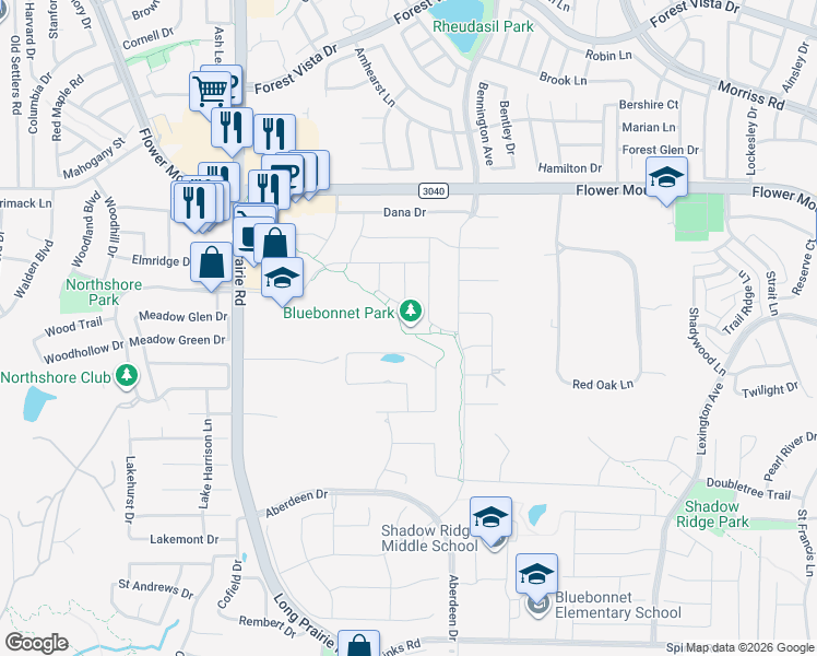 map of restaurants, bars, coffee shops, grocery stores, and more near 1801 Parkview Drive in Flower Mound