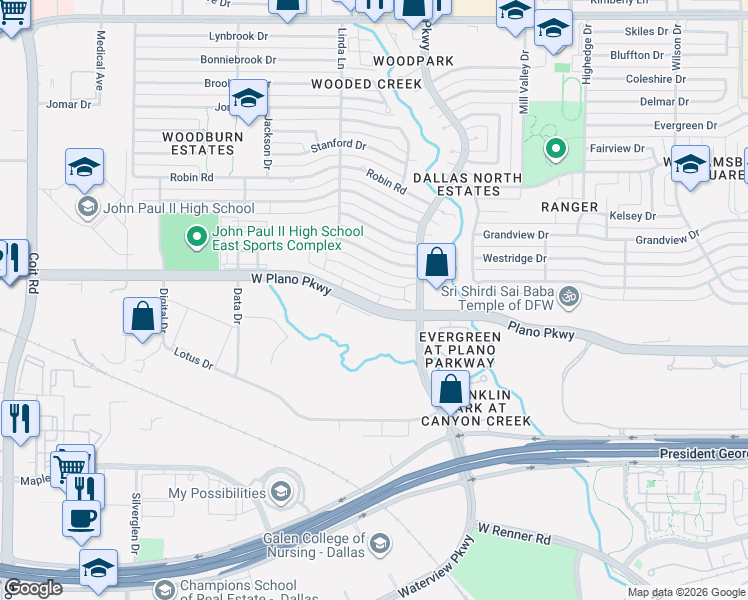 map of restaurants, bars, coffee shops, grocery stores, and more near 2940 Galveston street in Plano