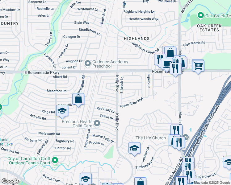 map of restaurants, bars, coffee shops, grocery stores, and more near 18811 Bilbrook Lane in Dallas