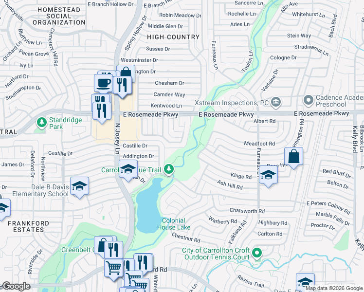 map of restaurants, bars, coffee shops, grocery stores, and more near 1956 Rambling Ridge Lane in Carrollton