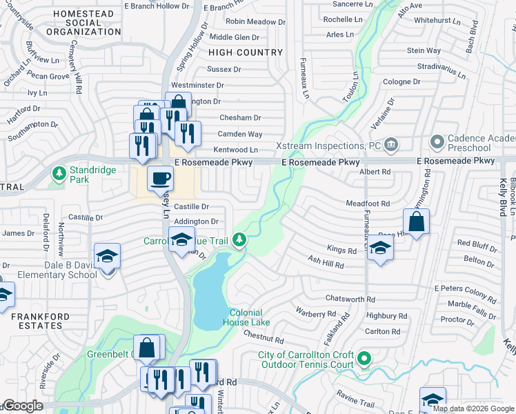 map of restaurants, bars, coffee shops, grocery stores, and more near 1956 Rambling Ridge Lane in Carrollton