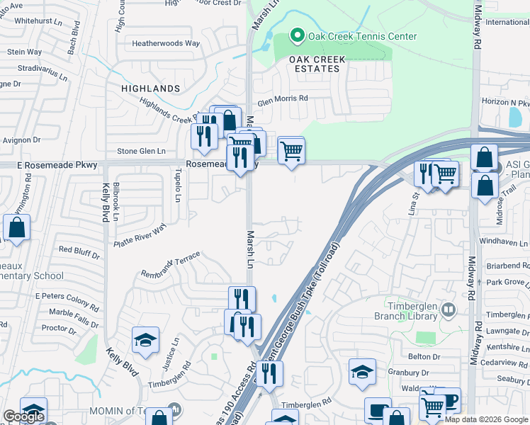 map of restaurants, bars, coffee shops, grocery stores, and more near 18950 Marsh Lane in Dallas