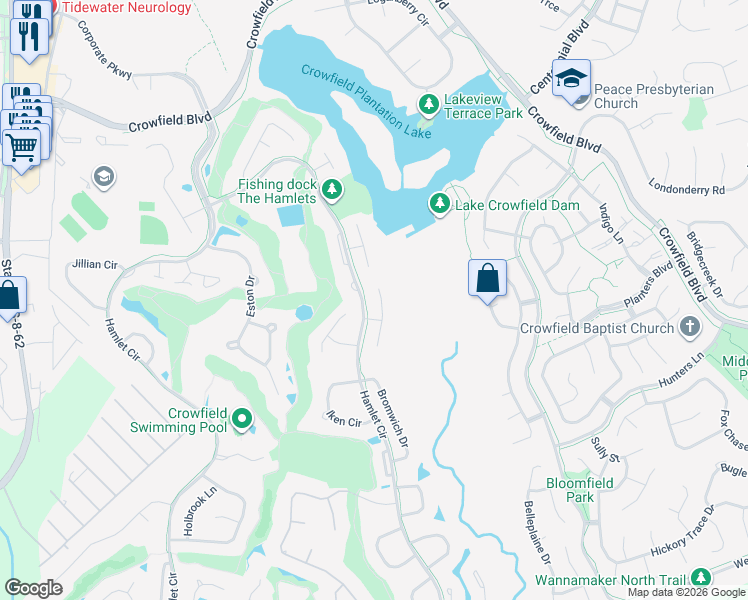 map of restaurants, bars, coffee shops, grocery stores, and more near 105 North Warwick Trce in Goose Creek