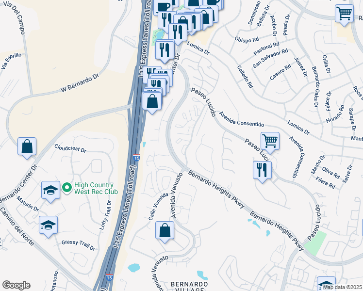 map of restaurants, bars, coffee shops, grocery stores, and more near 16232 Avenida Venusto in San Diego