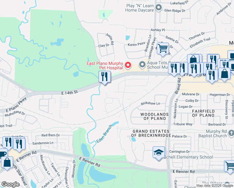 map of restaurants, bars, coffee shops, grocery stores, and more near 5404 Glenscape Circle in Plano