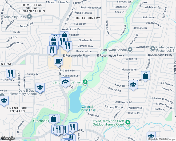 map of restaurants, bars, coffee shops, grocery stores, and more near 1948 Rambling Ridge Lane in Carrollton