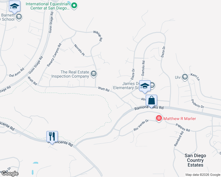 map of restaurants, bars, coffee shops, grocery stores, and more near 24636 Watt Road in Ramona