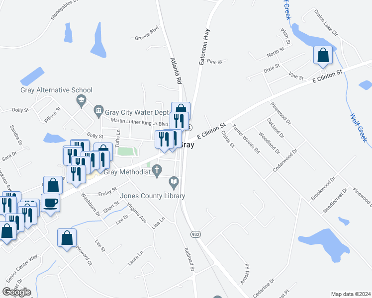 map of restaurants, bars, coffee shops, grocery stores, and more near 109 James Street in Gray
