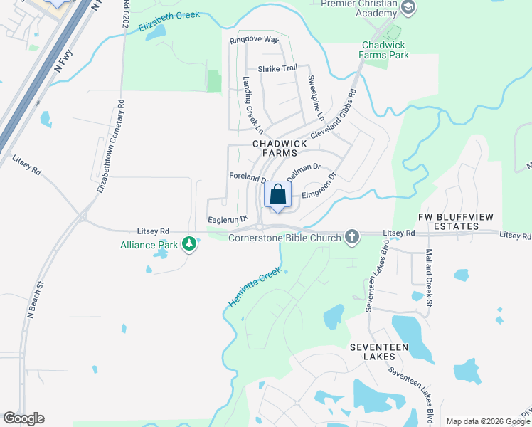map of restaurants, bars, coffee shops, grocery stores, and more near 15405 Landing Creek Lane in Roanoke