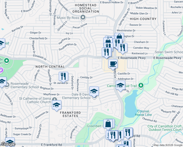 map of restaurants, bars, coffee shops, grocery stores, and more near 1805 Castille Drive in Carrollton