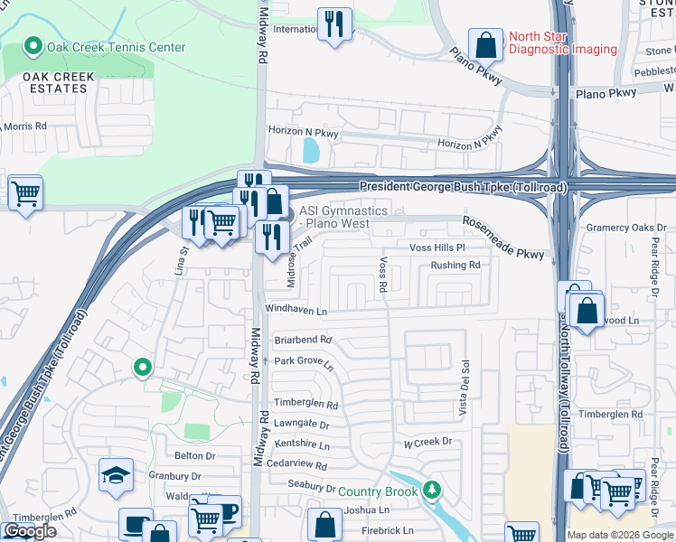 map of restaurants, bars, coffee shops, grocery stores, and more near 18936 Westwood Place in Dallas