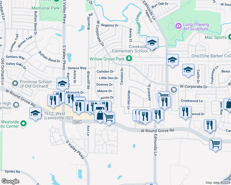 map of restaurants, bars, coffee shops, grocery stores, and more near 981 Acorn Drive in Lewisville