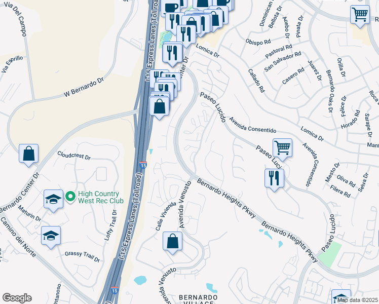 map of restaurants, bars, coffee shops, grocery stores, and more near 16232 Avenida Venusto in San Diego