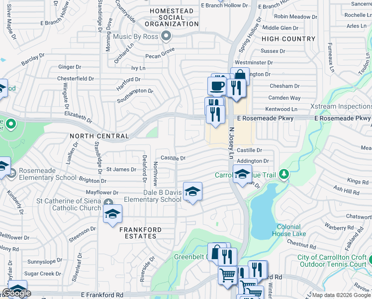 map of restaurants, bars, coffee shops, grocery stores, and more near 1805 Castille Drive in Carrollton