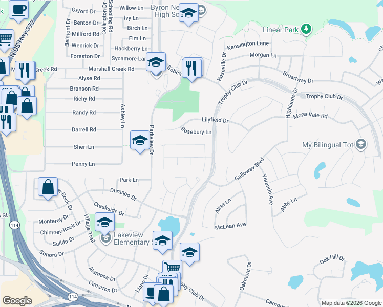 map of restaurants, bars, coffee shops, grocery stores, and more near 6 Meadow Ridge Drive in Trophy Club
