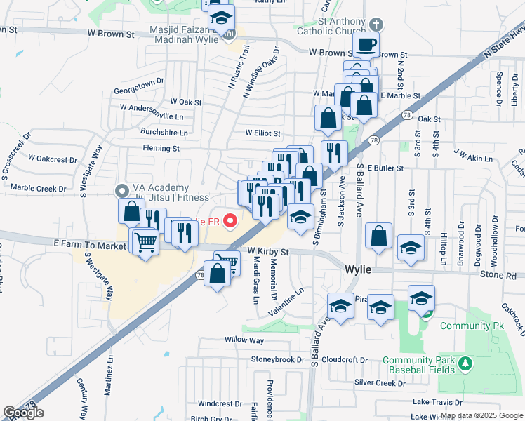 map of restaurants, bars, coffee shops, grocery stores, and more near 420 Texas 78 in Wylie