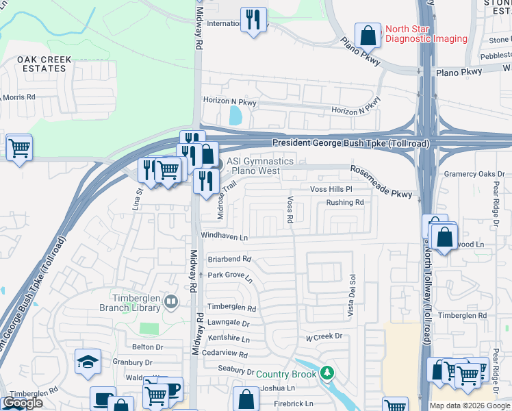 map of restaurants, bars, coffee shops, grocery stores, and more near 18936 Westwood Place in Dallas