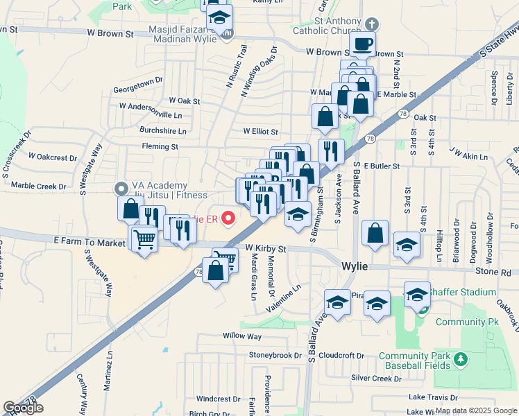 map of restaurants, bars, coffee shops, grocery stores, and more near 420 Texas 78 in Wylie