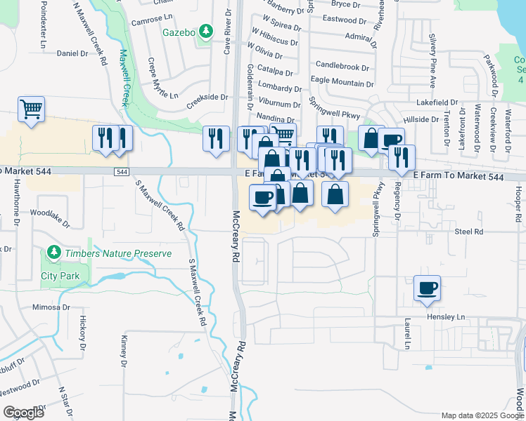 map of restaurants, bars, coffee shops, grocery stores, and more near 3440 West Farm to Market 544 in Wylie